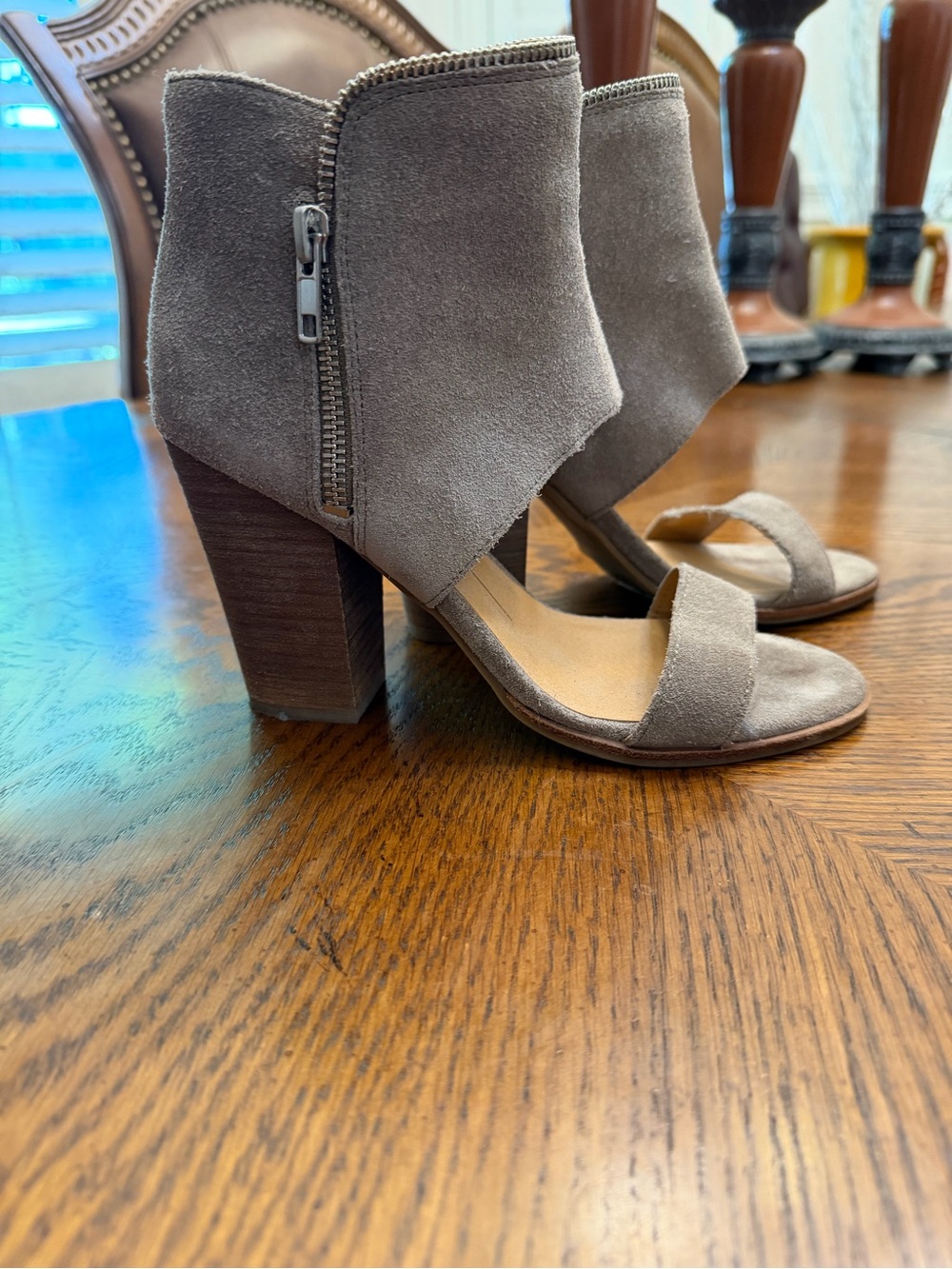 Dolce Vita Suede Open-Toe Block Heel Ankle Shoes in Taupe